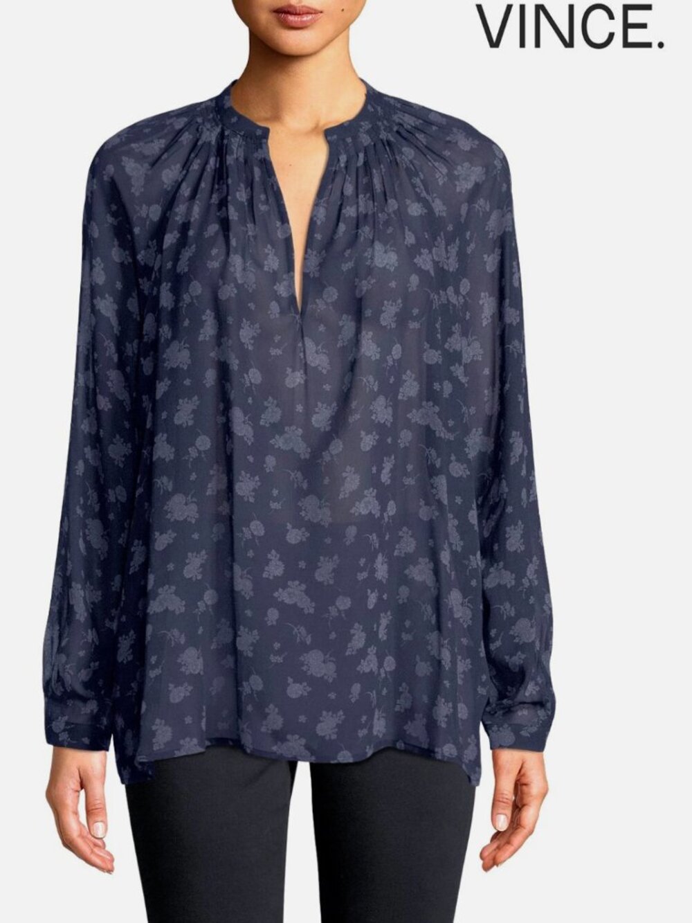 VINCE Calico Silk Floral Coastal Blue Blouse